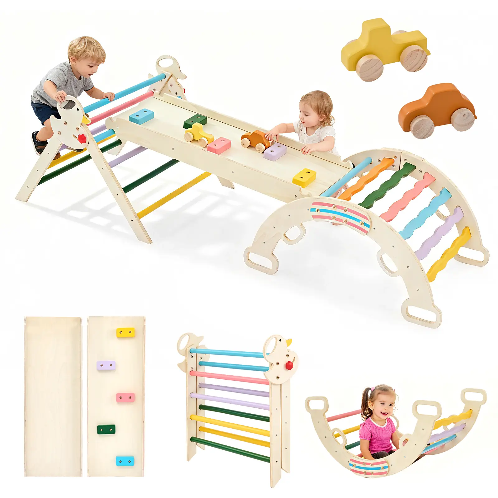 Pikler Triangle Set, Toddler Climbing Toys and Play Structure Indoor, 9-in-1 Wooden Montessori Climbing Set with Arch, Ramp and Ladder, Foldable Baby Jungle Gym