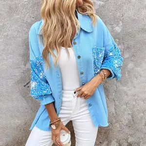 CHICME Women's Cute Glitter Sequin Patchwork Denim Shacket, Oversized Button-Front Raw Hem Casual Coat with Glitter Fabric, Women's Top