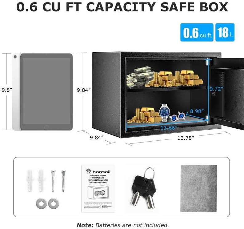 Bonsaii 0.20-2.50Cubic Feet Safe with Electronic Keypad,Removable Shelf,for Valuables,Jewelry,and Documents–Ideal for Home,Hotel,or Business 9.84x13.78x9.84 Bonsaii 0.20-2.50Cubic Feet Safe with Electronic Keypad,Removable Shelf,for Valuables,Jewelry,and Documents–Ideal for Home,Hotel,or Business 9.84x13.78x9.84