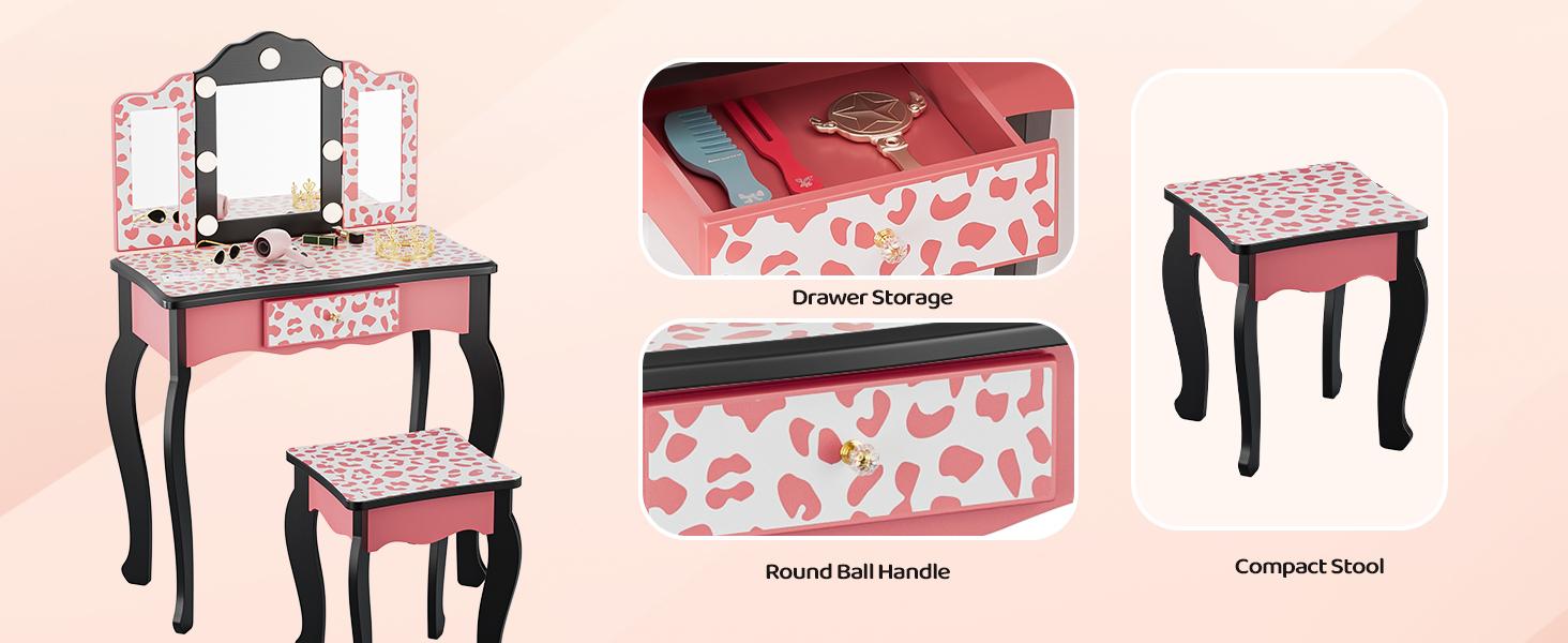 JOYMOR Kids Vanity Table and Chair Set, Girls Vanity with Leopard Print, Tri-Fold Mirror & Lights, Princess Makeup Desk for Girls, Pink