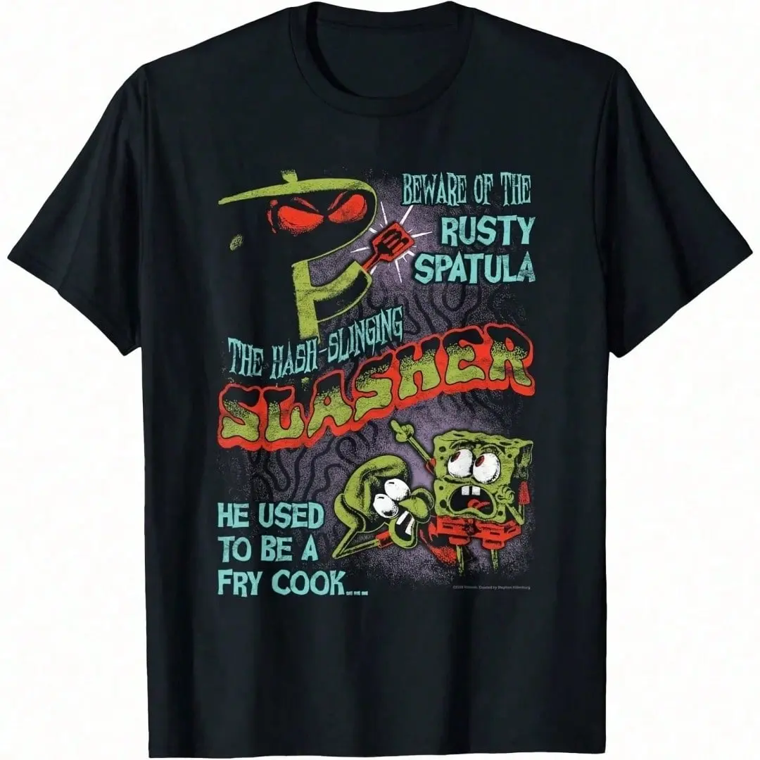 Women's Hash-Slinging Slasher Funny Horror Poster Cartoon T-Shirt, Short Sleeve Tops with Cartoon Print, Combed Cotton Fabric, Double Stitched Seams, Fitted Cut