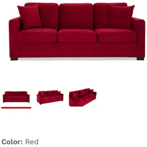 Red Velvet Sofa - 3 Seat Couch with Matching Pillows for Living Room Decor
