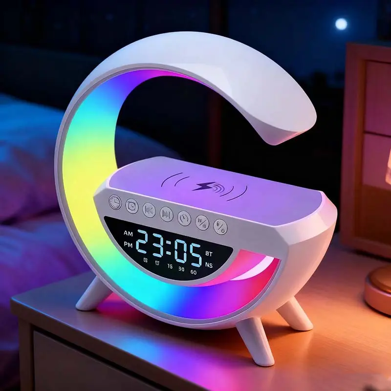 G-Type Plastic LED Mood Table Lamp - 15W Wireless Charger, White Audio Speaker, Smart Alarm Clock, 23*24*8cm DC Power Supply, Bedroom Nightstand Decor, Wireless Charging by Bedside, Sleep-Enhancing Indoor Lighting, Not Applicable (Without Plug)