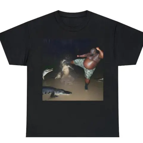 Women's Round Neck Short-Sleeves Soft Classic Fabric T-Shirt - Funny Man Kicks Alligator Graphic, Durable Stitching, Breathable, Jacket-Friendly, Funny T-Shirts Meme, Unisex Outfits, S-3XL Sizes