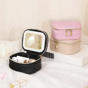 Mini Makeup Bag with Led Mirror, Small Travel Make up Bag 3 Light Modes Adjustable Brightness, for Women Organizer Cosmetic Bag, Portable Travel Train Toiletry Bag, for Pool Parties Work Touch-Ups