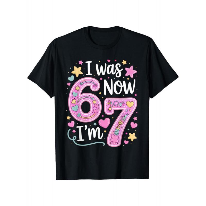 7th Birthday T-Shirt - "I Was 6 Now I'm 7" Funny Birthday Party Outfit - Number 67 & Heart Balloons Design, Soft Breathable New Year Gift for Boys and Girls