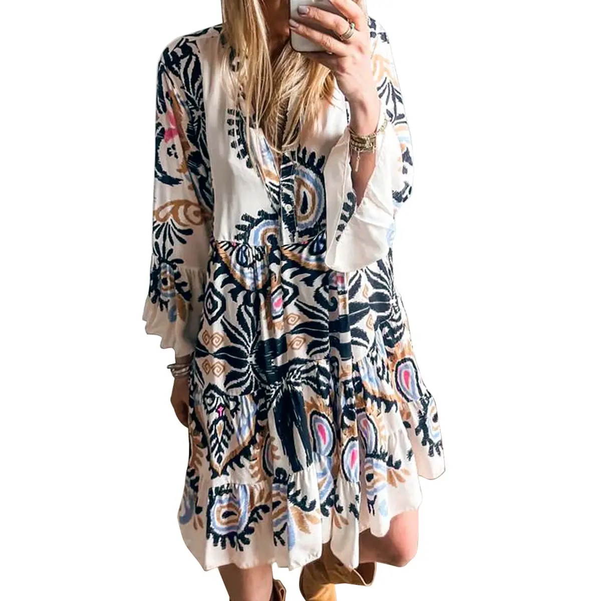 Women's Casual Summer Dress, Boho V-Neck Mini Tunic with Tribal Print, 3/4 Sleeve Flowy Button Front Style for Going Out, Elegance, Floral Boho Clothes, Flutter Sleeve #backtoschool, Hippie Boho Earthy Clothes