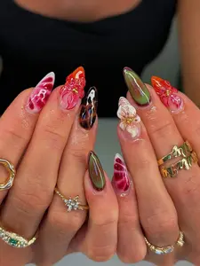 10pcs Luxury Handmade 3D Nail Art Set, Including Halo Nails, Tortoiseshell Nails, 3D Flower Nails, Blooming Gel Almond Flower Nails, Red Nails, Green Nails, Brown Nails, Suitable For Women And Girls For Daily Wear Nail Supplies
