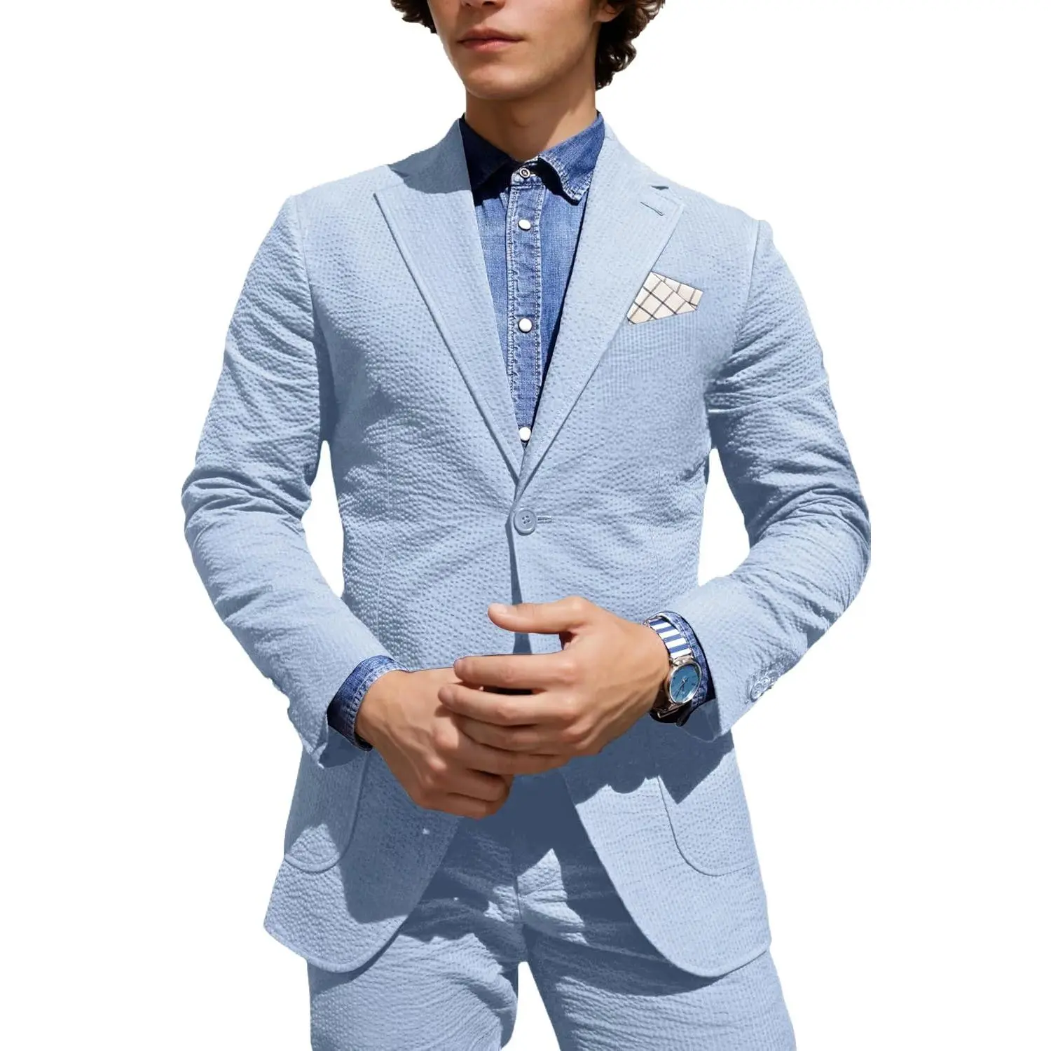 Men Seersucker Suit 2 Piece Solid Pin Stripe Suits for Men Summer Beach Wedding Outfits Slim Fit Formal Casual