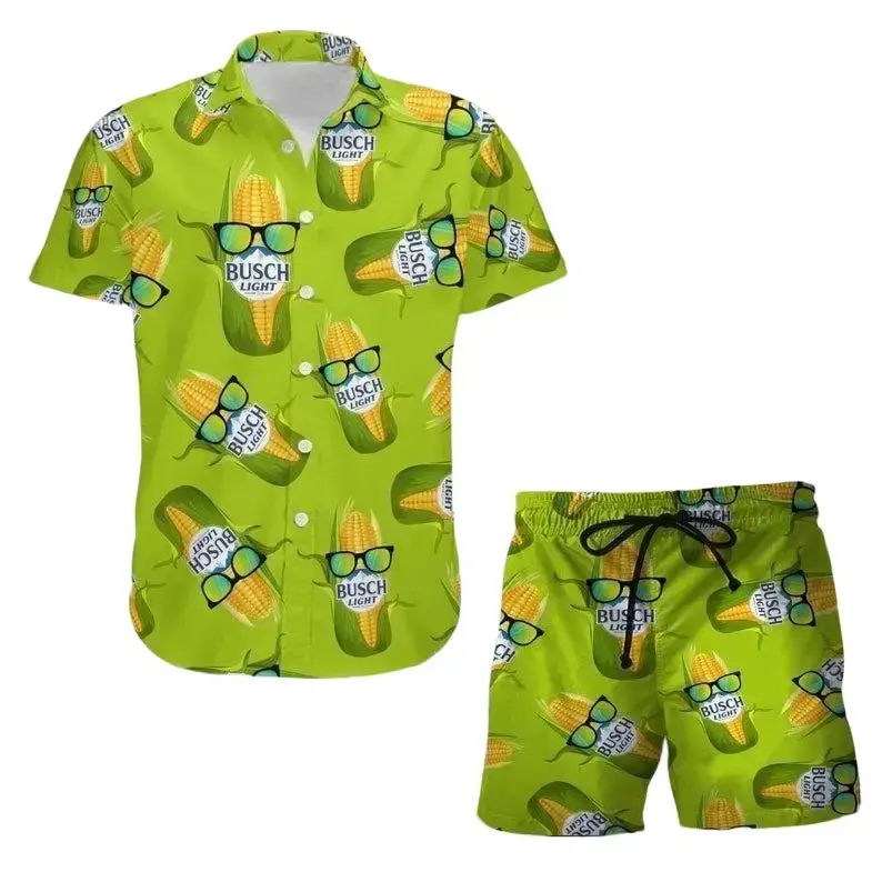 Vintage Busschh Light Corn Tropical Fern Men's Hawaiian Shirt and Short Liight Beer Lovers Swim Trunks, Father's Day Aloha Gift for Him, Trendy Casual Breathable Surfing Beach Shorts Swimwear Menswear