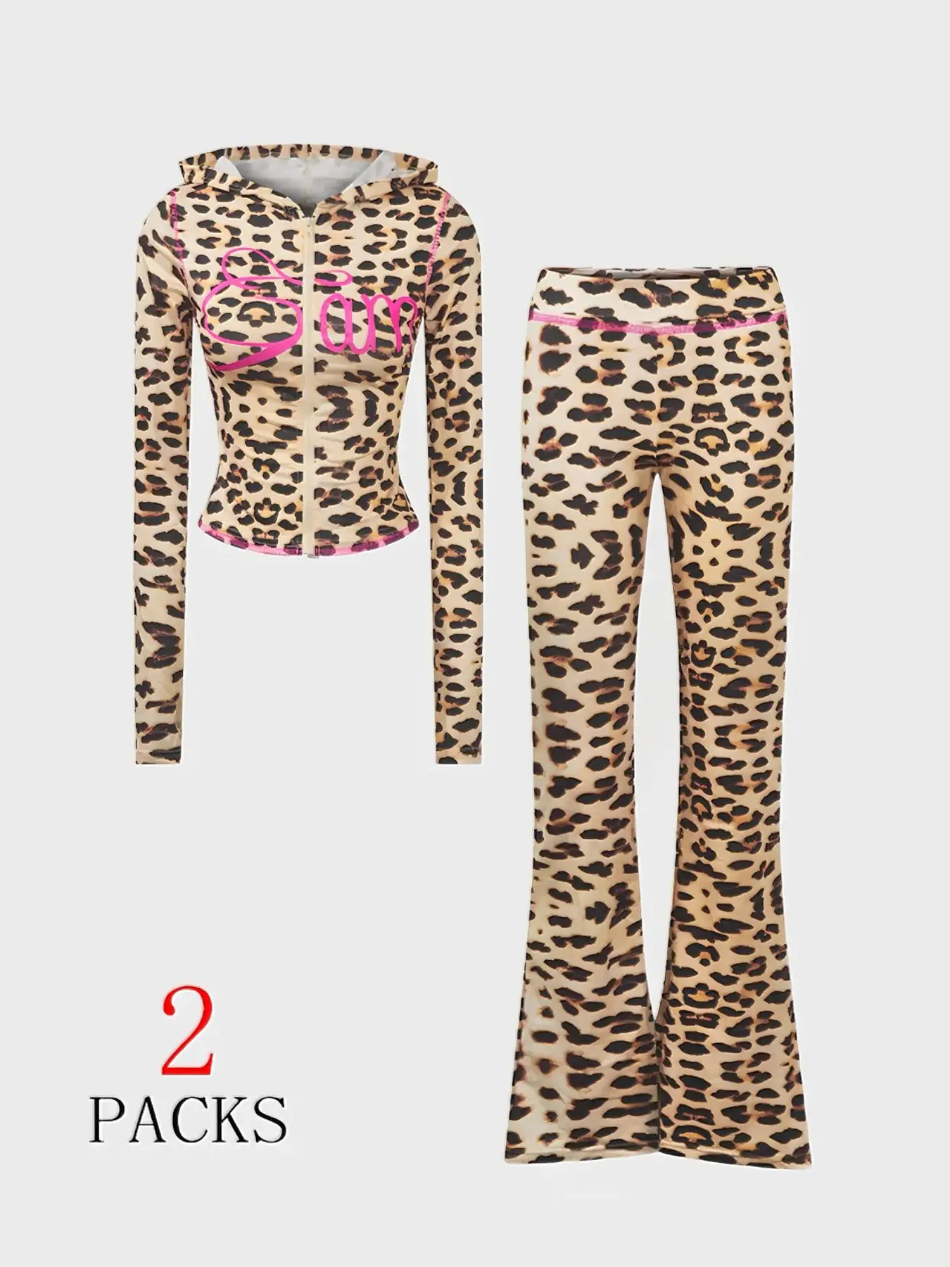 2-Pack Leopard Print, Long sleeve Hoodie + Flare Pants Set, Pink-Accent Zip-Up Top + Bell-Bottom Bottoms, 2025 TikTok Viral Y2K Aesthetic Fashion, Casual Slim-Fit Design for #OOTD, Brunch, Nights Out