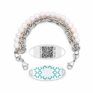 Uloveido Pearl Medical Alert Bracelet for Women, Double Layer Stainless Steel Chain with Natural Pearl Beads, Dynamic QR Code or Custom Engraved Medical ID Tag, Adjustable Emergency Contact Allergy Bracelet