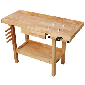 Professional-Grade 48"/55" Rubberwood Wood Workbench with 330lbs Load Capacity, Adjustable Handles, Storage Drawers & Shelves for Garage, Workshop, Home