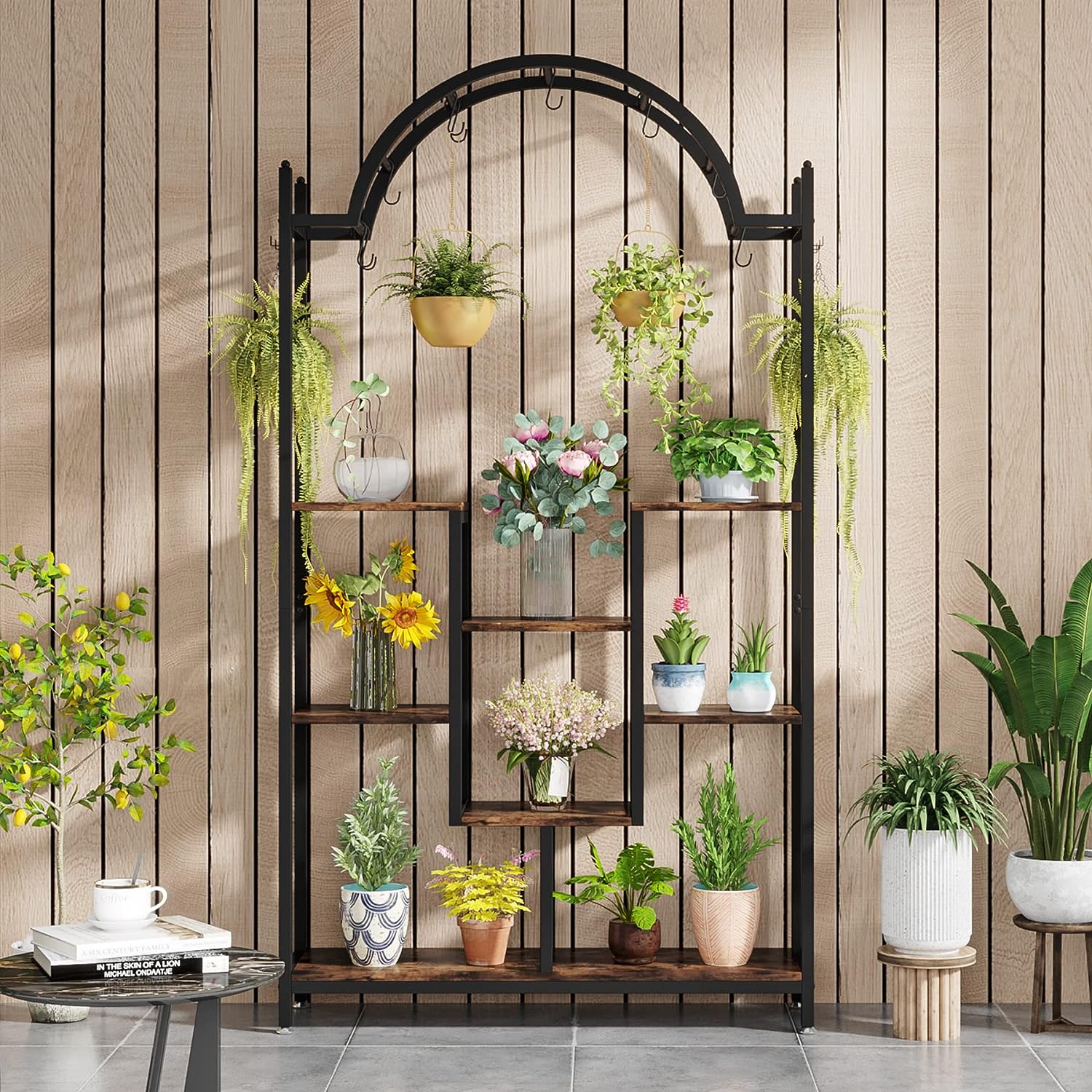 Tribesigns 74.8" Tall 5-Tier Tall Indoor Plant Stand Hanging Hooks Metal Decor Racks Metal Shelf Organiser Wood Photo Wooden Hangable