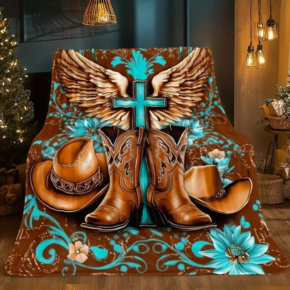 Western Cowboy Angel Wings & Cross Print Flannel Throw Blanket - Soft Texture Modern Home/Outdoor Blanket, Durable Vibrant Digital Print Fantasy Western Decor for Travel/Camping, Sofa, Bed, Polyester Clothing