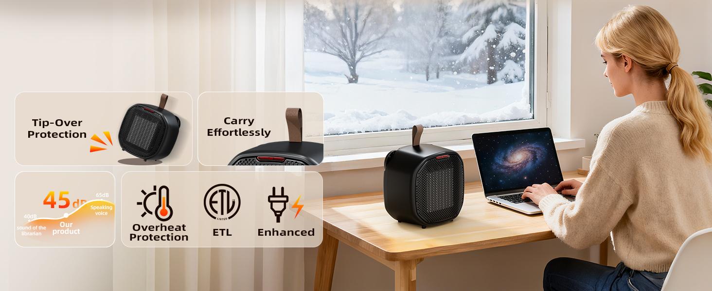 Portable Electric Space Heater, Small Ceramic Heater for Indoor Use, Overheating & Tip-Over Protection,Adjustable Thermostat,Fast Heating for Office Desk,Black