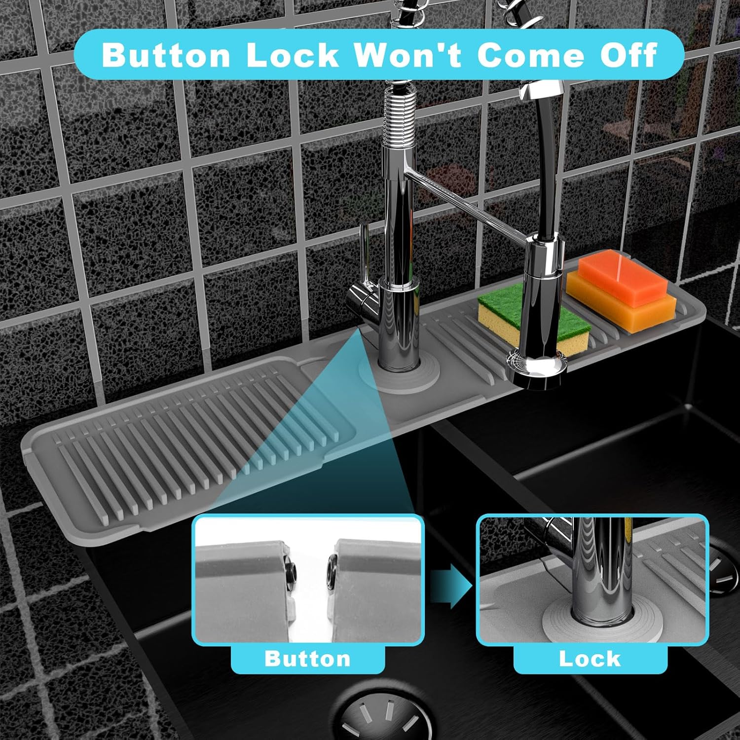 Kitchen Sink Faucet Mat, Silicone Folding Splash Guard, Draining Mat with Button Lock, Sink Faucet Protector, Sink Accessories for Kitchen Household Items Cleaners