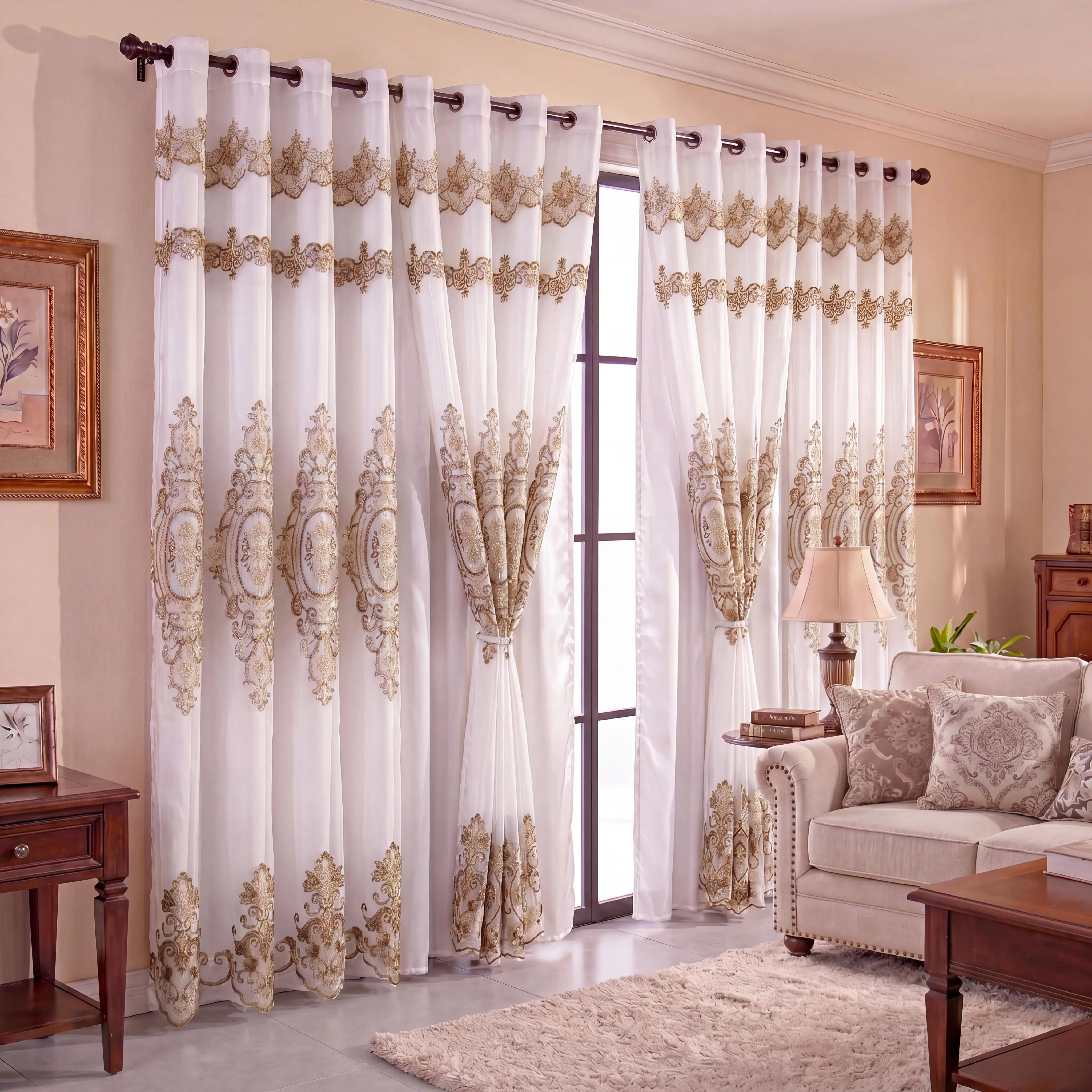 Silver Embroidered Curtains 4 Panels Set 52x84 Inch with Matching Valance 52x18, Elegant Double Layer Sheer Drapes with Satin Blackout Liner, Luxury European Grommet Top Window Treatment, Classic Decor for Living Room Bedroom Farmhouse Mansion QF713