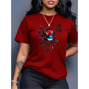 1 women's casual round neck short sleeved T-shirt with romantic floral and butterfly prints, suitable for wearing all seasons Clothes Top Womenswear Bag Breathable Loose Oversized Polyester Streetwear Comfort Summer Tshirt Gamis Crewneck Fitted  Shortslee