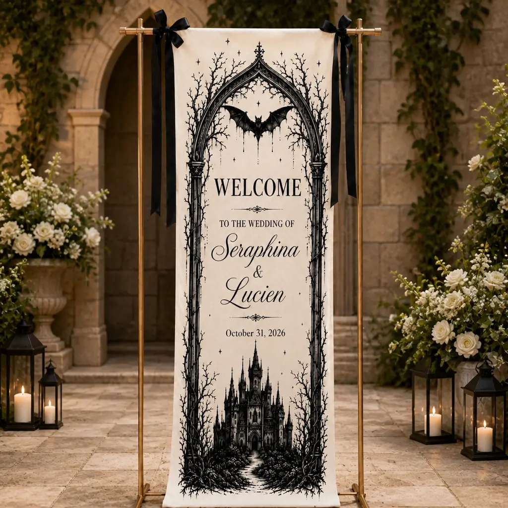 Gothic Wedding Linen Banner Gothic Sign Arch Skeleton Moon Halloween Decor For Couple