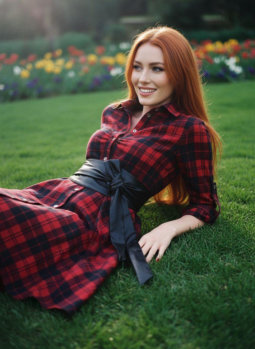 1950S 3/4 Sleeve Plaid Belt Dress Casual Outfits Women Collared Black Vintage Check Leather Womenswear