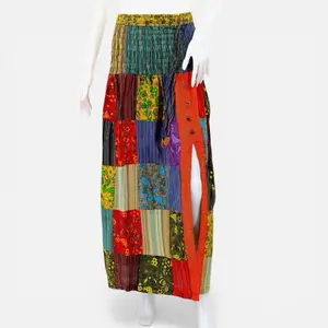 Patchwork skirt with Slit Bright Colors Cotton elastic waist