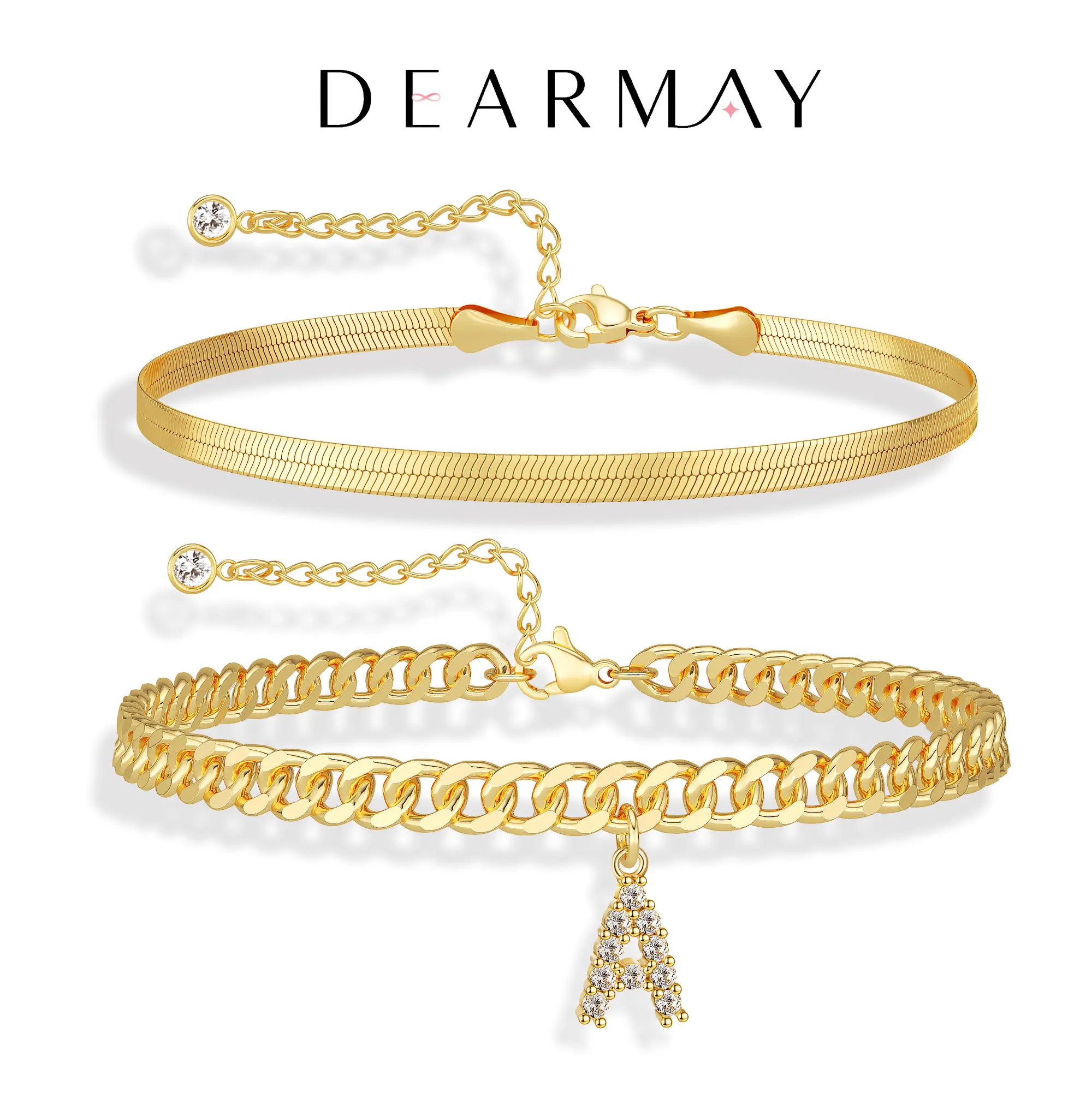 Dearmay Gold Initial Anklets for Women 14K Gold Plated Ankle Bracelet with Letter Pendant Waterproof Adjustable Anklet Set Stackable Personalized Jewelry Summer Beach Accessories Gift for Girls