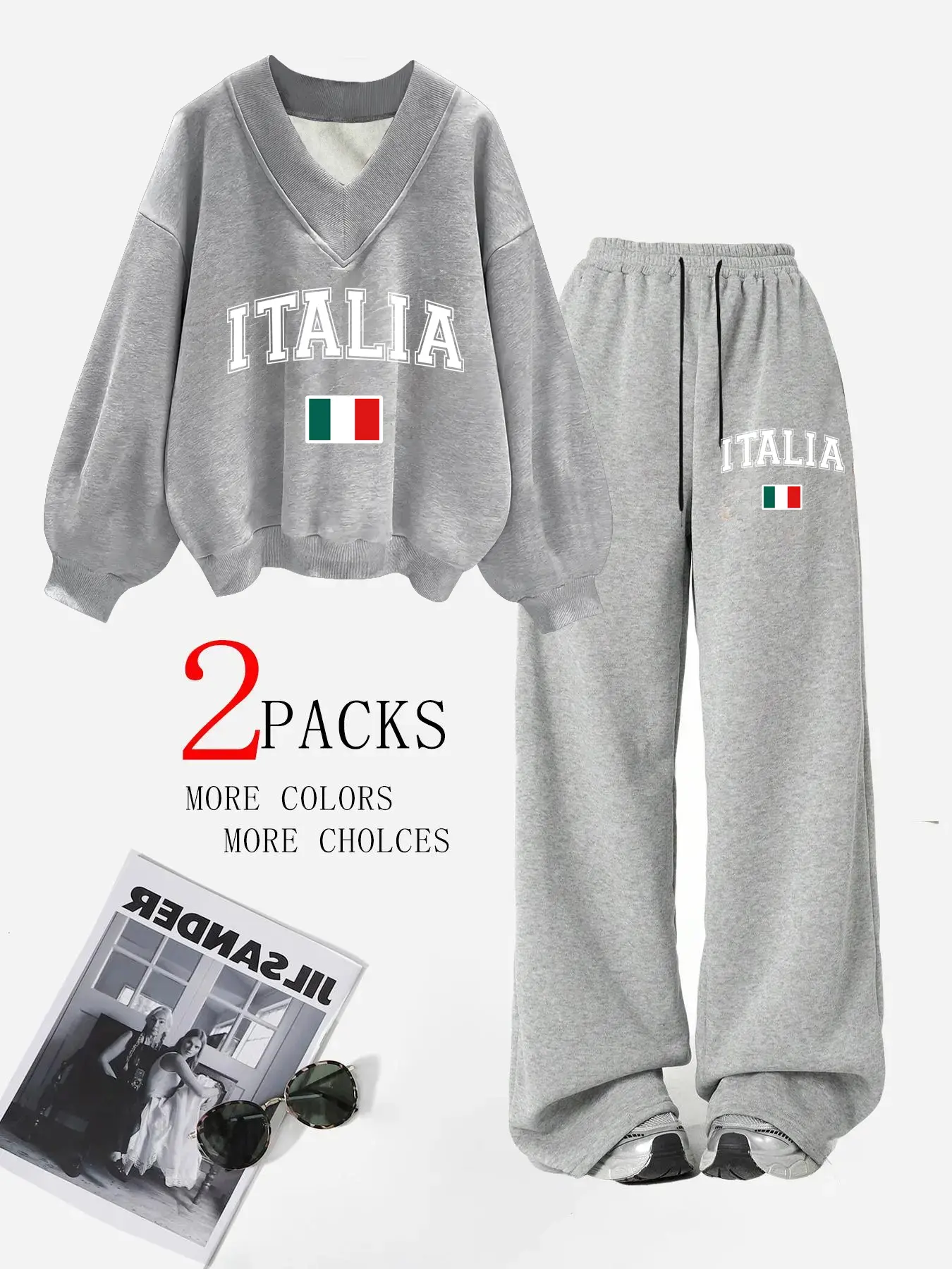 Women's Fall Winter Fashion Hoodie Set, Casual Loose Fit Long Sleeve Sweater & Straight Leg Pants, Italian Letter Pattern, Daily Wear, Travel, Camping, Street Style, Clothes