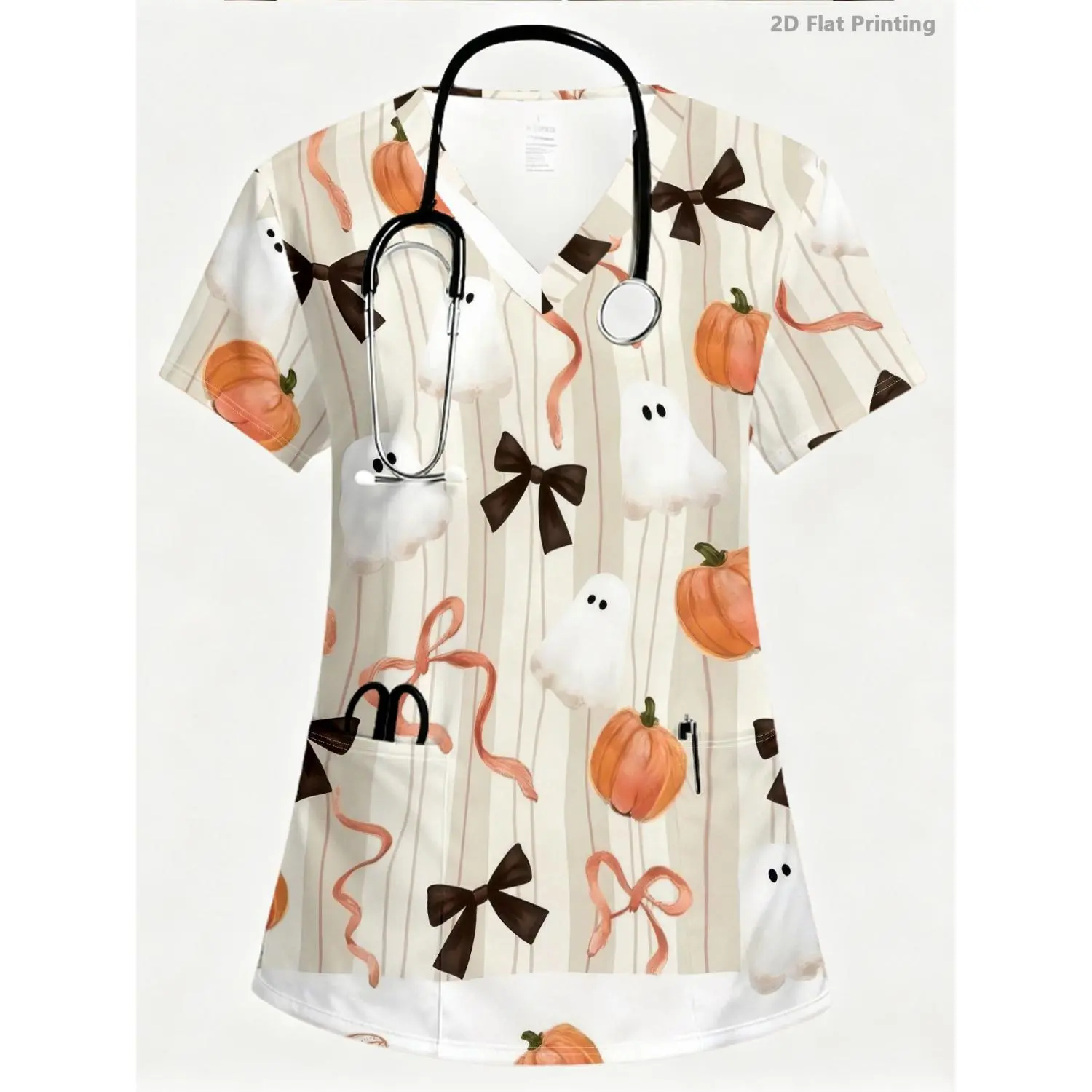 Women's Soft Breathable Watercolor Pumpkin Bow Striped V-Neck Short-Sleeve Uniform - Summer Nurse Scrubs, CNA Attire with Pockets, Machine Washable (Halloween & All Seasons)