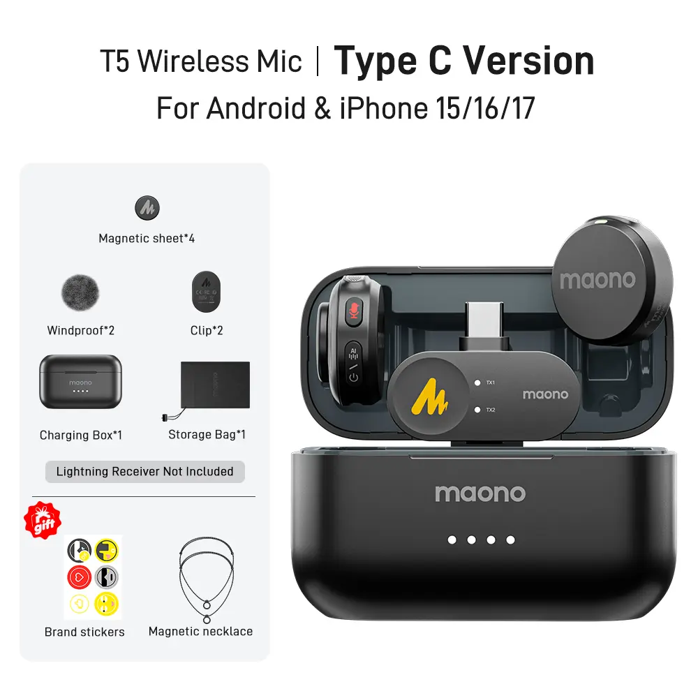 Maono T5 Adjustable Wireless Magnetic Clip-On Lapel Lavalier Microphone with Audio Noise Reduction, Magnetic Charging, Hands-Free Recording, Compatible with PC Camera, iPhone, Type-C Android, Ideal for Vlogging, Interviews, Manufacturer Warranty, Bag