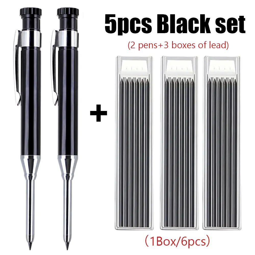 Aluminum 2.8 mm Woodworking, Construction and Drafting Pencil Set, Drawing Supplies, 2 Pens with 3 Lead Boxes, Break-Resistant and Durable, for Deep-Hole Marking, Office Stationery and Engineering Drawings, Ideal for Architects, Drill Users and Carpenters