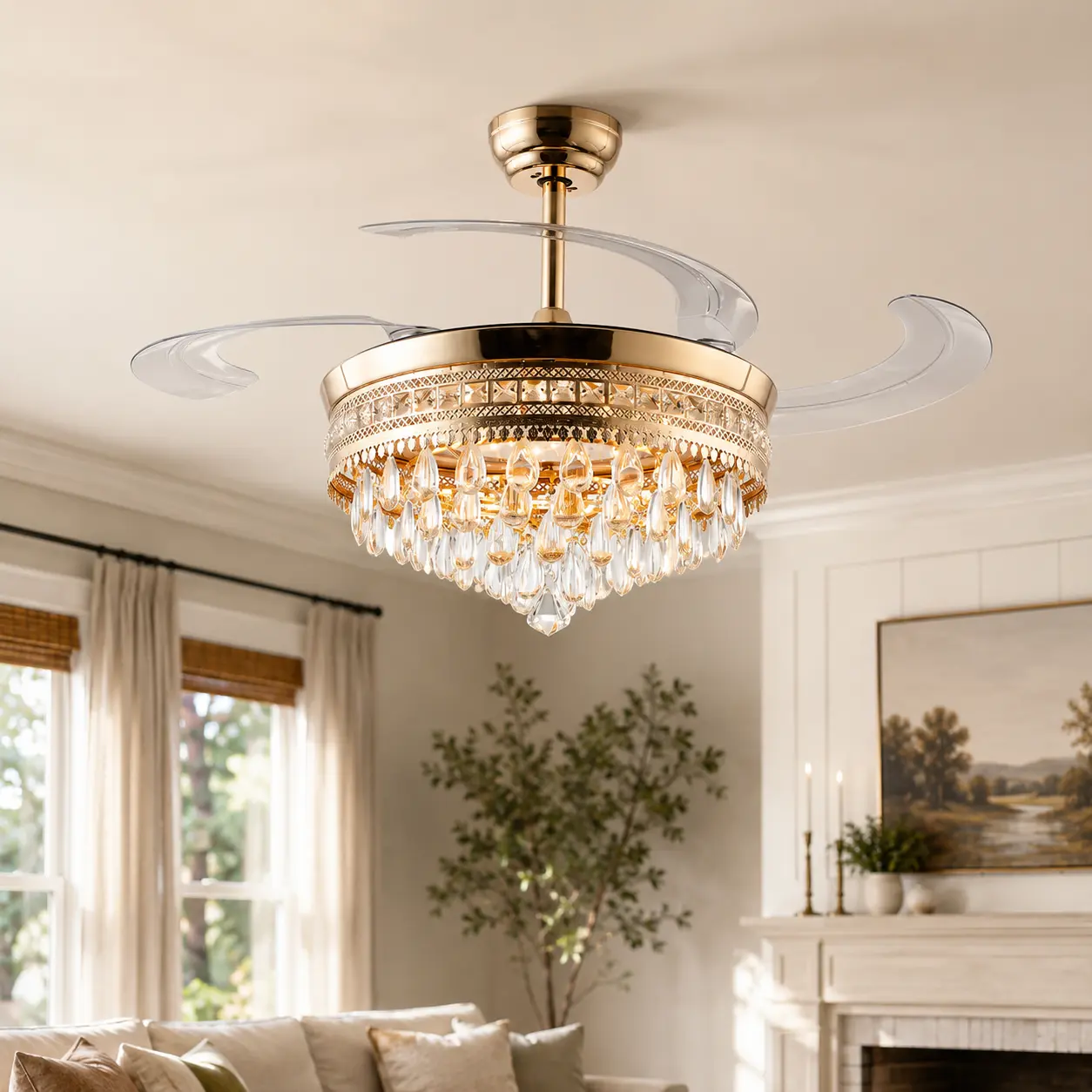 48in Nickel Invisible Crystal Fandelier Ceiling Fan with LED Dimmable Light, Retractable Blades and Remote for Bedroom, Living Room
