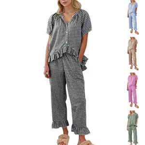 SCUSTY Women Two Piece Sets Y2k Plaid Pajama Sets Ruffle Hem Gingham Short Sleeve Shirt High Waist Bell Bottom Pants Lounge Cute Soft Sets