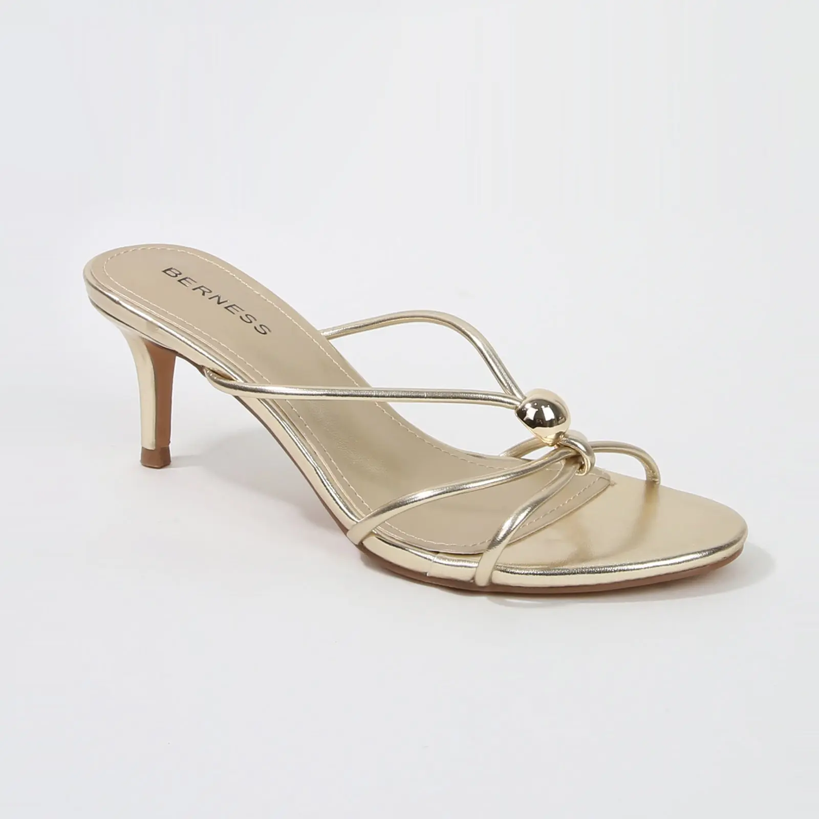 BERNESS Fifi Elegant Kitten Heels, Minimal Strap Open Toe Sandals with a Metallic Accent and Comfortable Footbed for Weddings & Parties