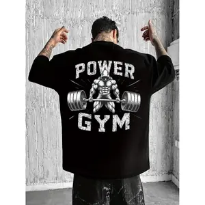180gMen's Cool "Power Gym" Bodybuilding Graphic T-Shirt: Black Oversized Tee with Weightlifting Print, Perfect for Fitness Enthusiasts and Street Gym Style