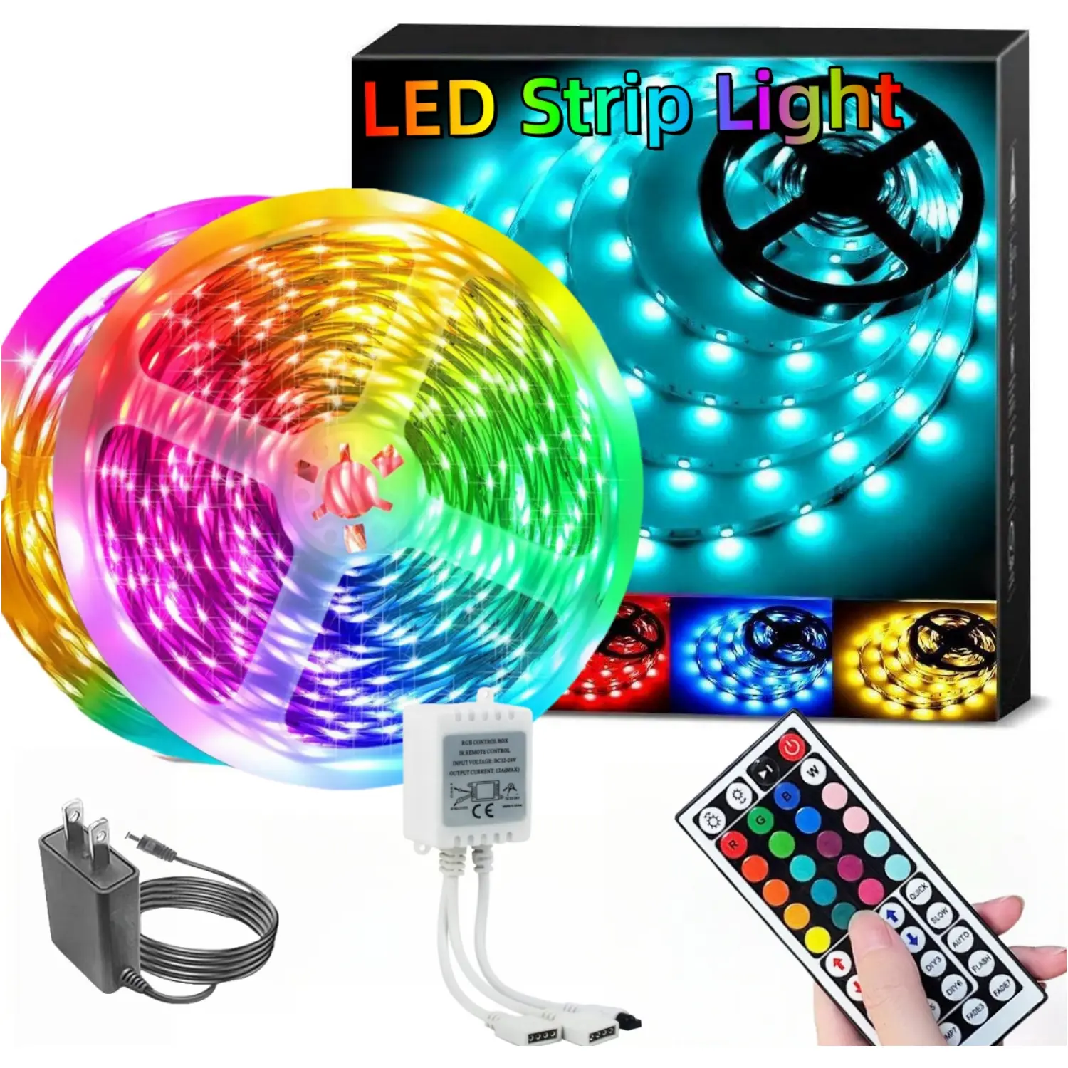 Boluoova RGB LED Strip Lights Kit Pack, 50ft Total (2 Rolls of 24.61ft) Ultra-Long Adhesive-Backed Color-Changing Strips with 44-Key Remote Control, DIY Modes for Bedroom, Room Decor, Indoor Use