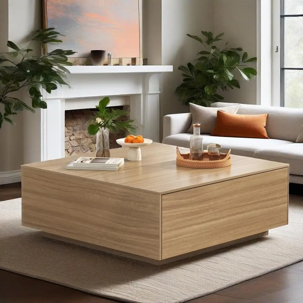 43"/47"  Modern Square Coffee Table With 2 Drawers, Large Square Center Table, Wood Coffee Table For Living Room,dorm essentials,home decor