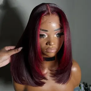 Burgundy with Red Stripe Short Bob Wigs Transparent 180 Density 13X4 Full Lace Frontal Bob Straight Wig #99 Red Bob Remy Hair Wig Pre Plucked for Women