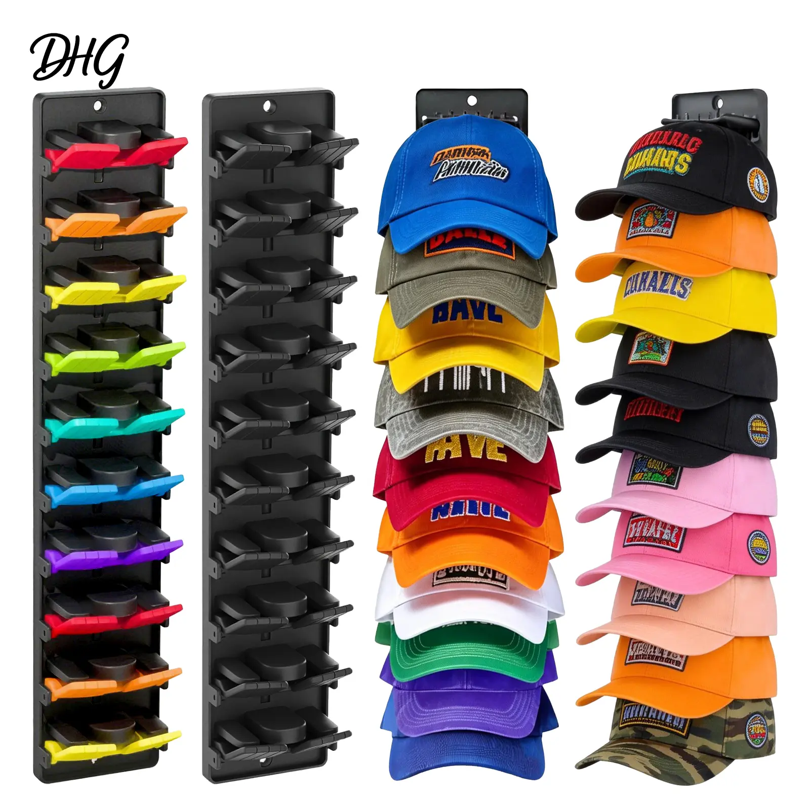 【DealsForYouDays】2-Pack Wall Mount Hat Racks - Home Supplies Hanger with Built-in Spring Clips, Multilayer Shelves, Wall Adhesive, Screws, Door Space Saver Holds Up to 20 Baseball Caps, Adjustable Black & Multi-Color Plastic for Study, Balcony, Bathroom