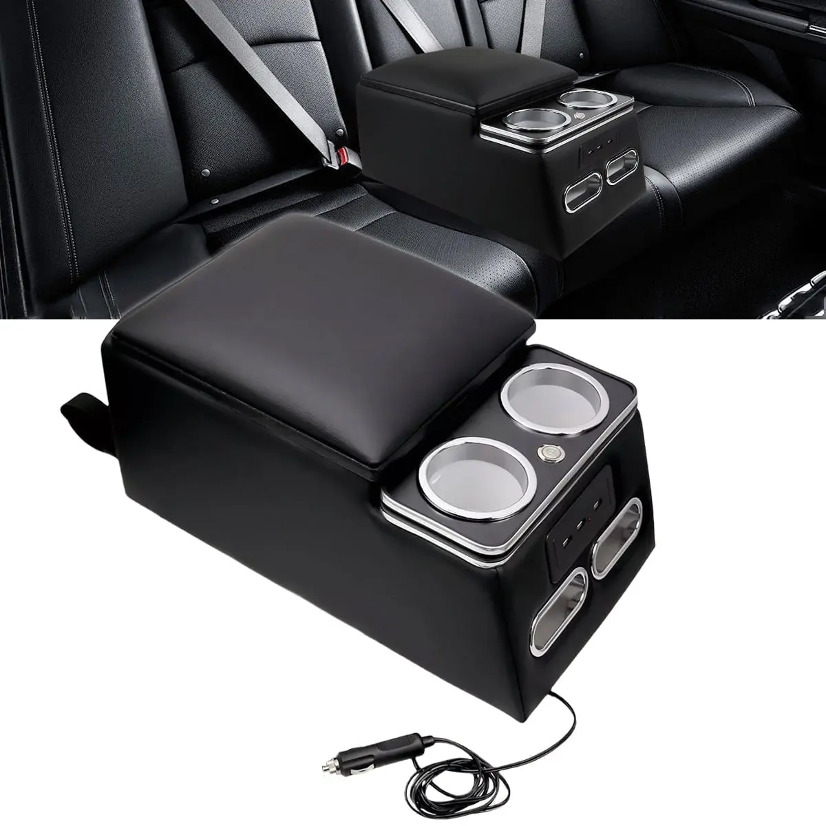 Black Universal Truck Seat / Bench Storage Box Fits All Vehicles with Rear Seat, Built-in LED Light, USB Port, Cup Holders, Armrest & Thickened Lid - Ideal Upgraded Center Console Organizer for Business Use