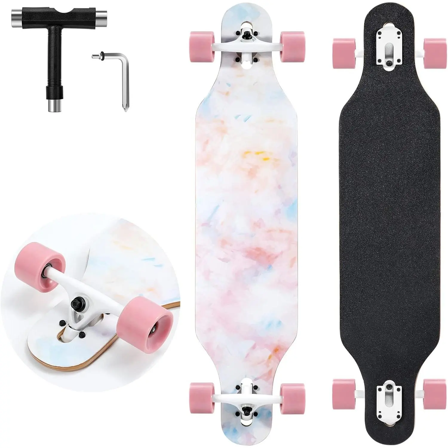 Longboard Skateboard, 41 Inch Drop Through Longboard Complete 9-Ply Nature Maple Premium Cruiser Long Board for Adults, Teens and Kids - High-Speed Bearings & T-Tool