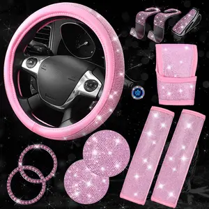 11 PCS Bling Car Accessories Set for Women, Sparkly Rhinestone Diamond Steering Wheel Cover, Bling Seat Belt Cushion, Shift Knob Cover, Push Start Button Ring, Car Cup Holder Coaster, Pink