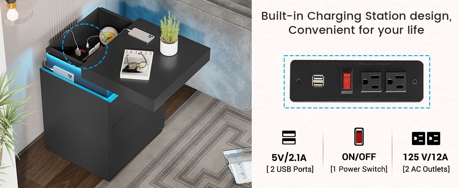 Sikaic Modern Nightstand with LED Lights & Charging Station Black 15.8"D x 17.7"W x 26.8"H Sliding Top Drawers for Bedroom & Living Room