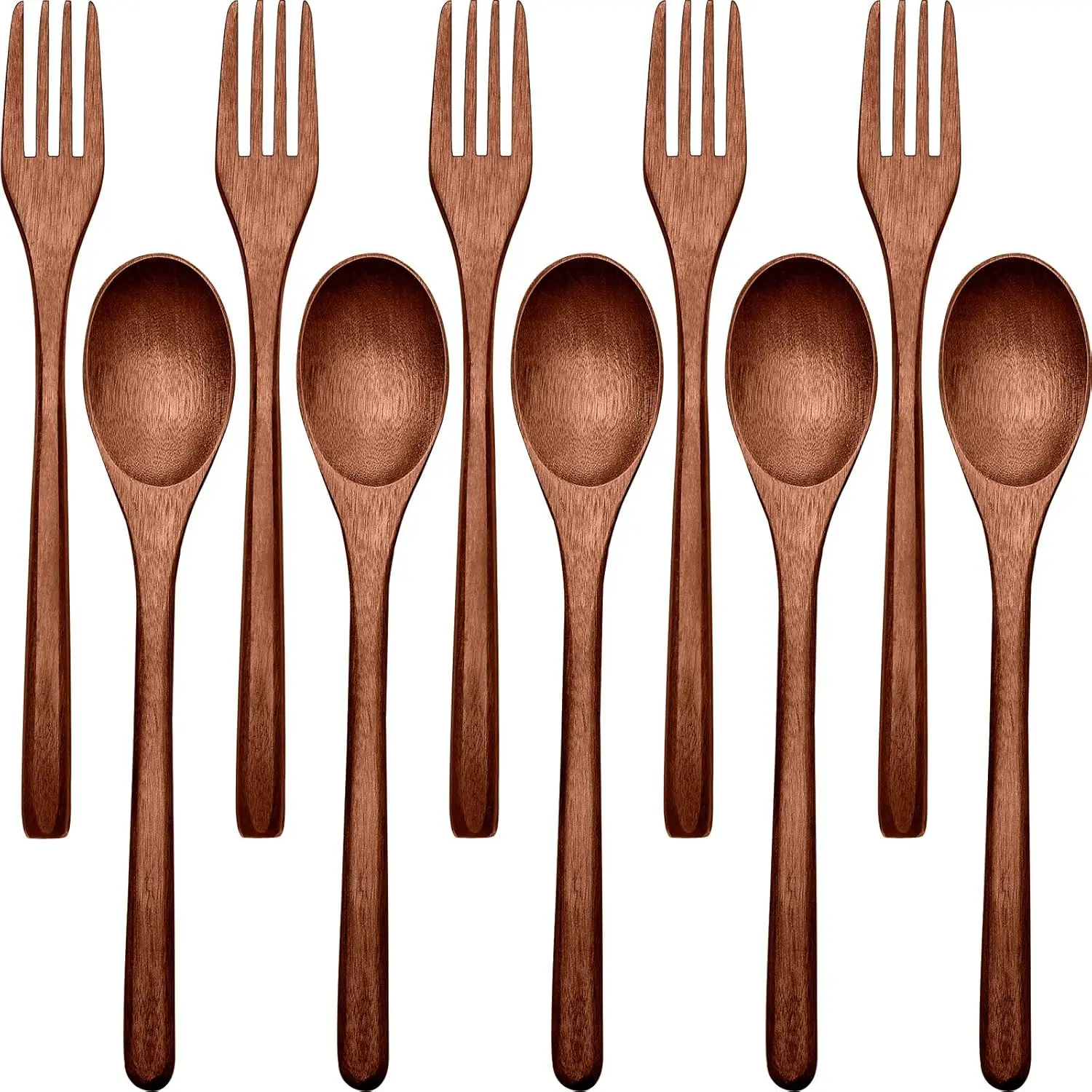 10-Piece Solid Wood Cutlery Set, Japanese Style Reusable Spoons and Forks, Non-Toxic Portable Dinnerware for Travel & Camping