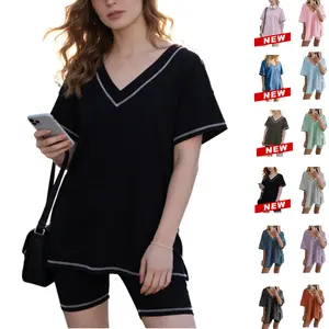 Tanming Women's Oversized 2 Piece Workout Hot Shot Set - Reversible V Neck Tee & Biker Shorts - Casual Streetwear for Yoga & Lounging - Flowy & Comfortable