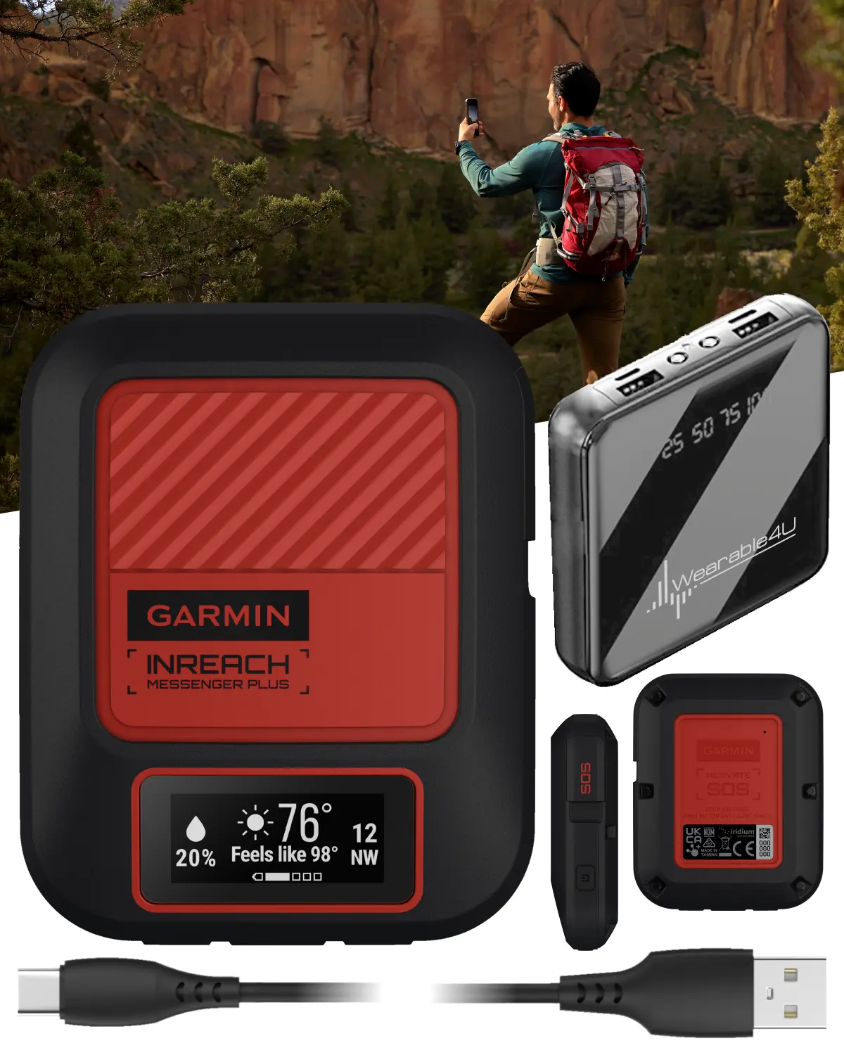 Garmin inReach Messenger Plus Handheld GPS Navigation Device - Rechargeable Li-Ion Batteries, Voice Recordings, Photos, Group Messaging, WiFi, Satellite, Cells, Portable Wearable4U Handheld Device, Live Tracking