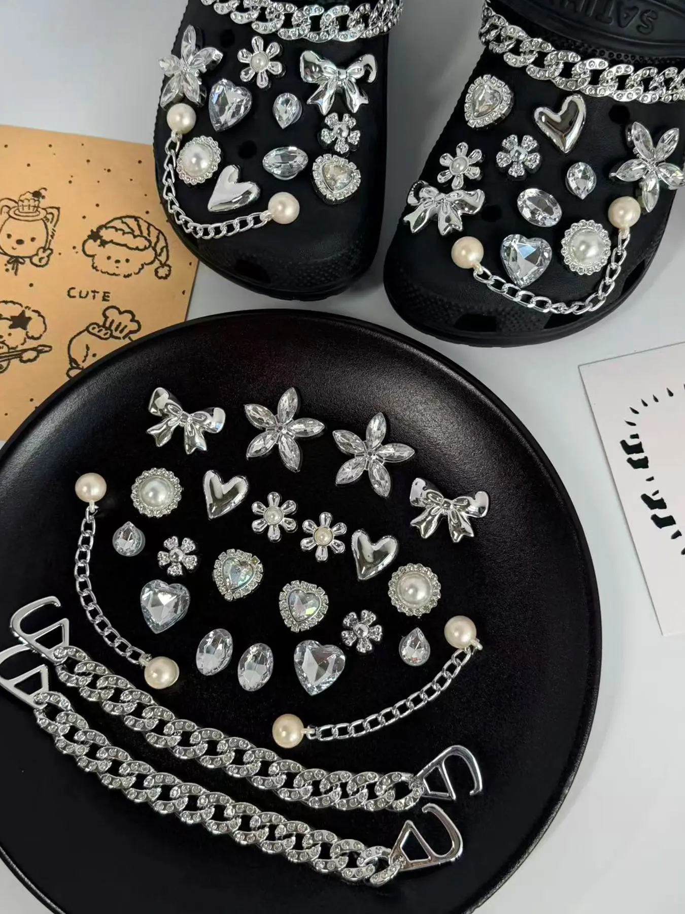 Elegant Silver Color Bling Shoe Charm Set, Heart & Flower Decorations, Trendy Clogs Accessories, Shoe Embellishment Set, Decorative Shoe Accessories, 24 Pcs