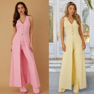 TWO PIECE OUTWEAR SETS - DEEP V NECK - SLIT OPEN DRAPED TOP - FLOWER CRYSTAL JEWEL STONE - ZIPPER ON THE SIDE - SOLID FLARE PANTS