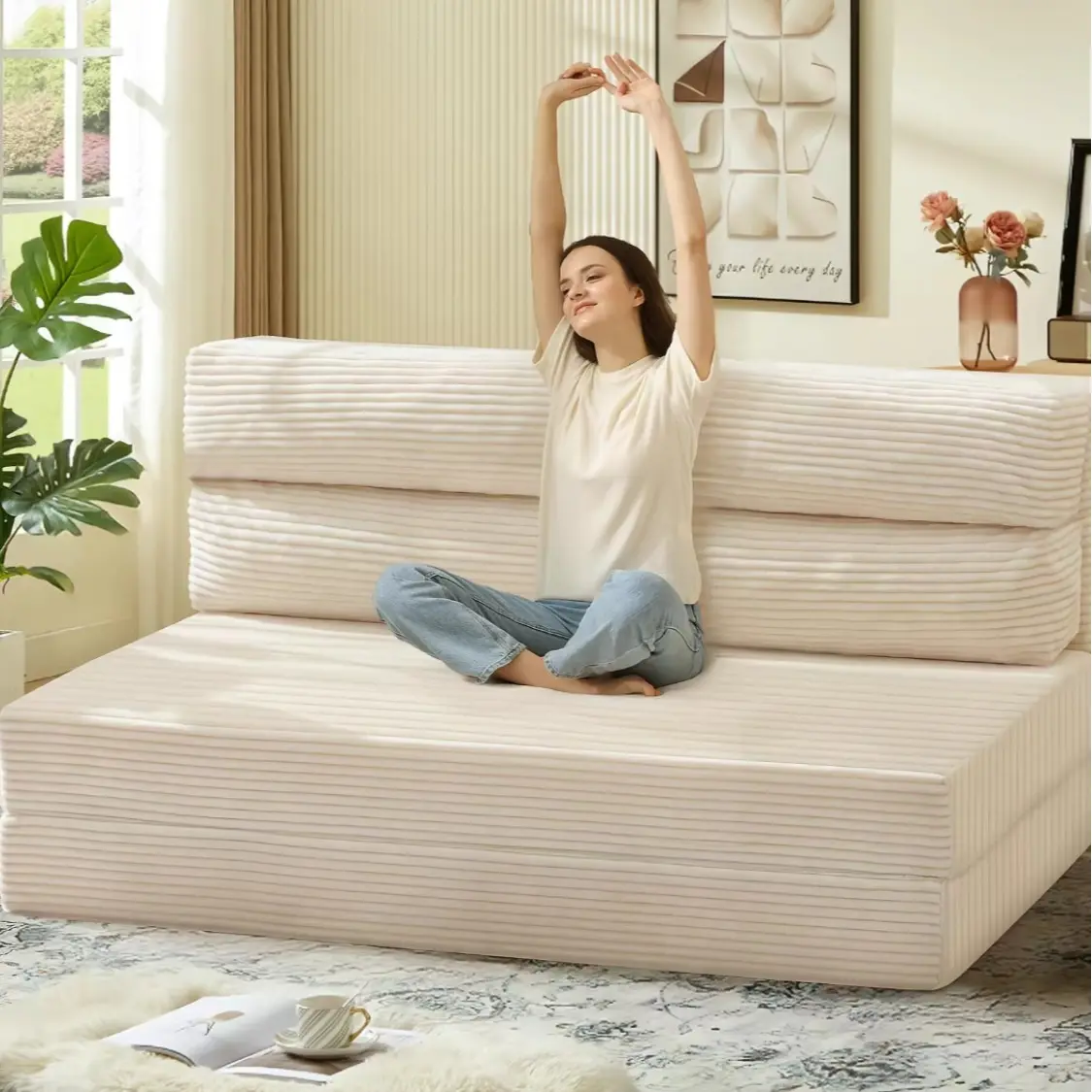 Winzoo Twin Convertible Sleeper Sofa Bed - Beige Upholstered Sofa Couch, Corduroy Fabric, High-Density Foam, Foldable Loveseat for Living Room, Reading & Relaxation