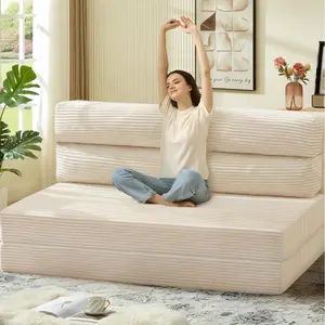 Winzoo Twin Convertible Sleeper Sofa Bed - Beige Upholstered Sofa Couch, Corduroy Fabric, High-Density Foam, Foldable Loveseat for Living Room, Reading & Relaxation